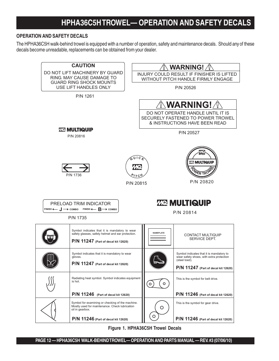 Hpha36c5h trowel— operation and safety decals, Warning, Figure 1. hpha36c5h trowel decals | Caution | Multiquip HPHA36C5H User Manual | Page 12 / 94