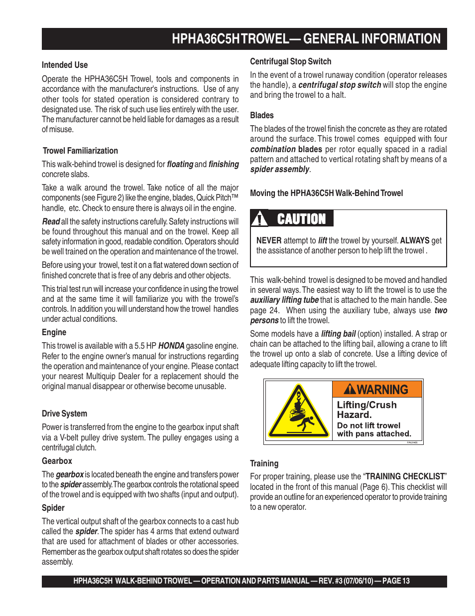 Hpha36c5h trowel— general information, Caution | Multiquip HPHA36C5H User Manual | Page 13 / 94