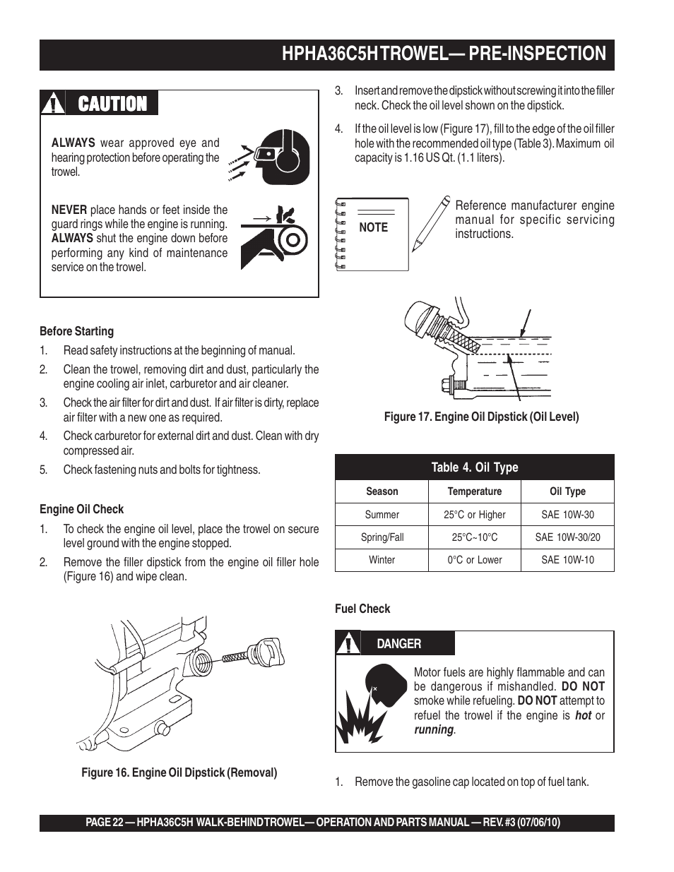 Hpha36c5h trowel— pre-inspection, Caution | Multiquip HPHA36C5H User Manual | Page 22 / 94