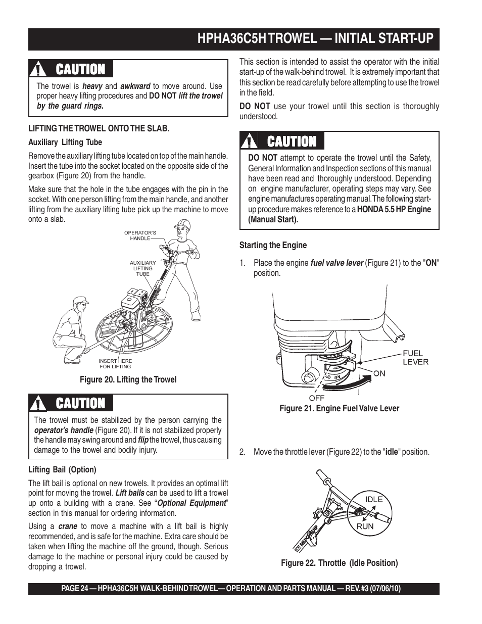 Hpha36c5h trowel — initial start-up, Caution | Multiquip HPHA36C5H User Manual | Page 24 / 94