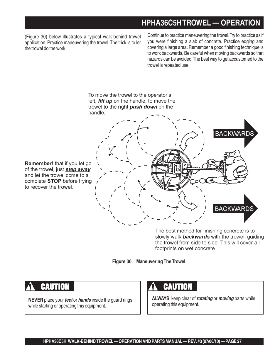 Hpha36c5h trowel — operation, Caution | Multiquip HPHA36C5H User Manual | Page 27 / 94