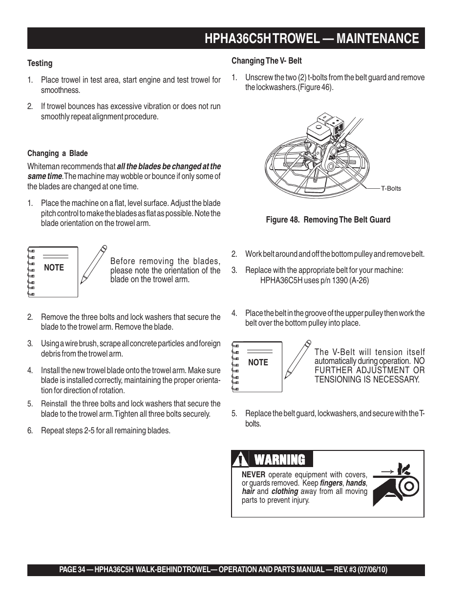 Hpha36c5h trowel — maintenance, Warning | Multiquip HPHA36C5H User Manual | Page 34 / 94