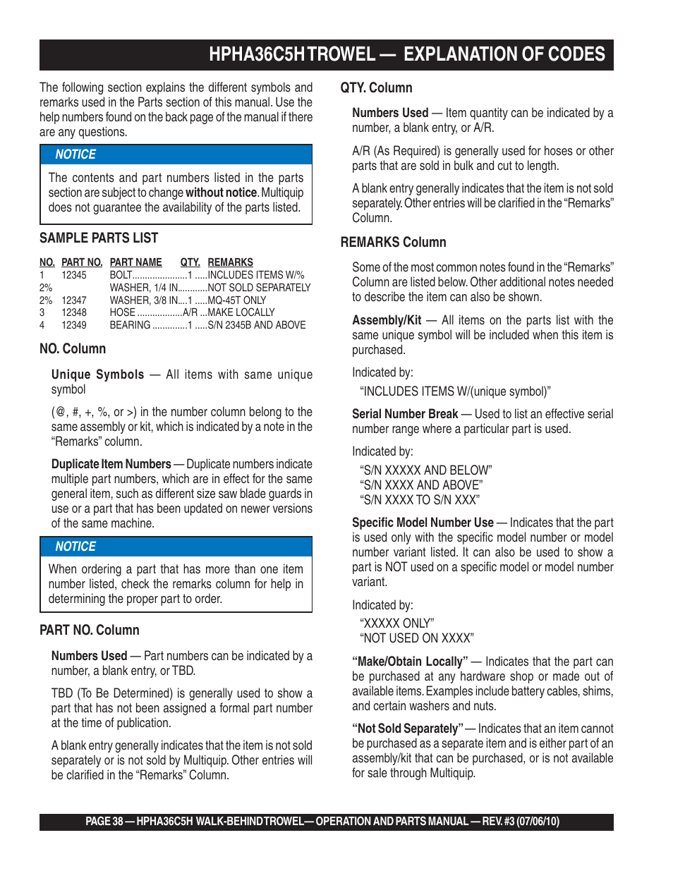 Hpha36c5h trowel — explanation of codes | Multiquip HPHA36C5H User Manual | Page 38 / 94