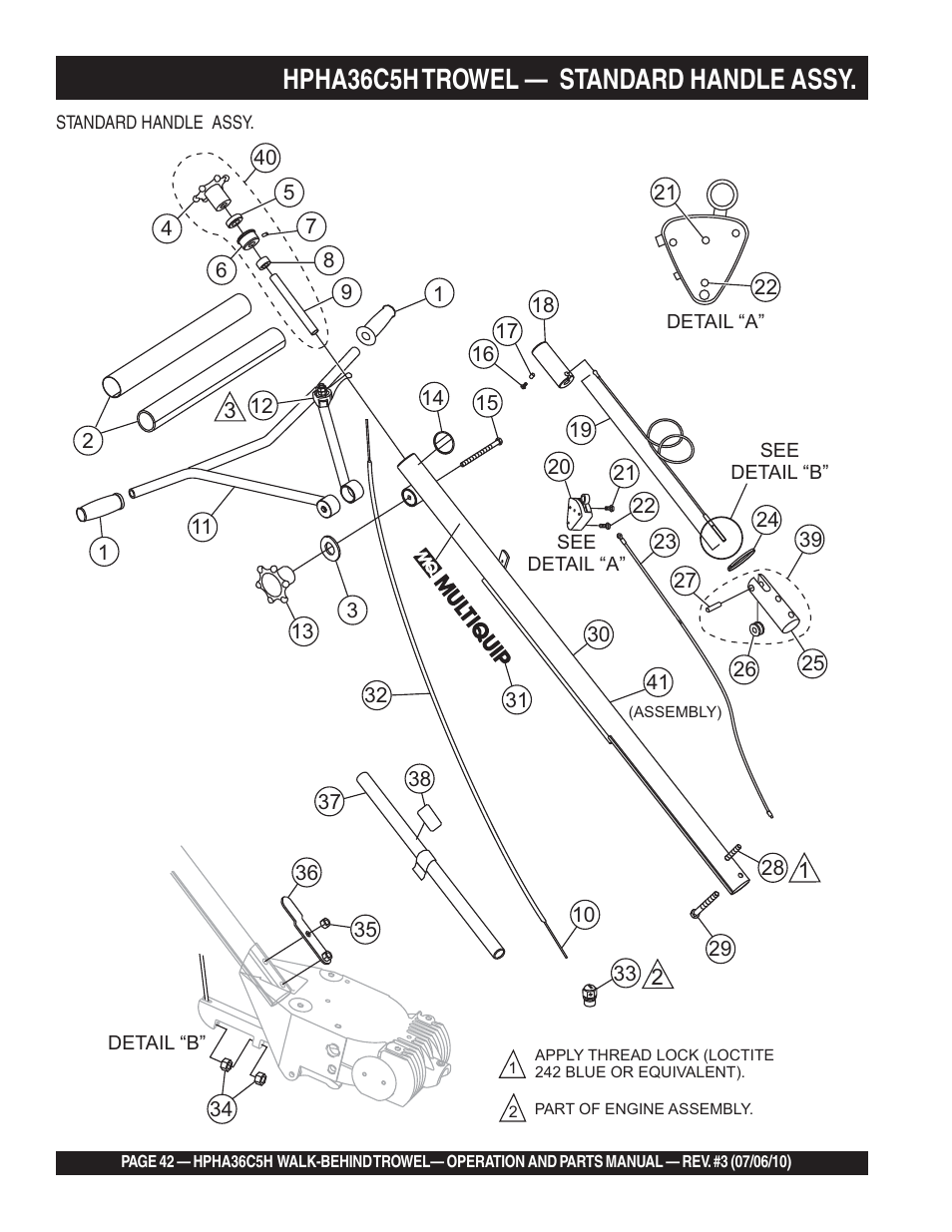 Hpha36c5h trowel, Standard handle assy | Multiquip HPHA36C5H User Manual | Page 42 / 94