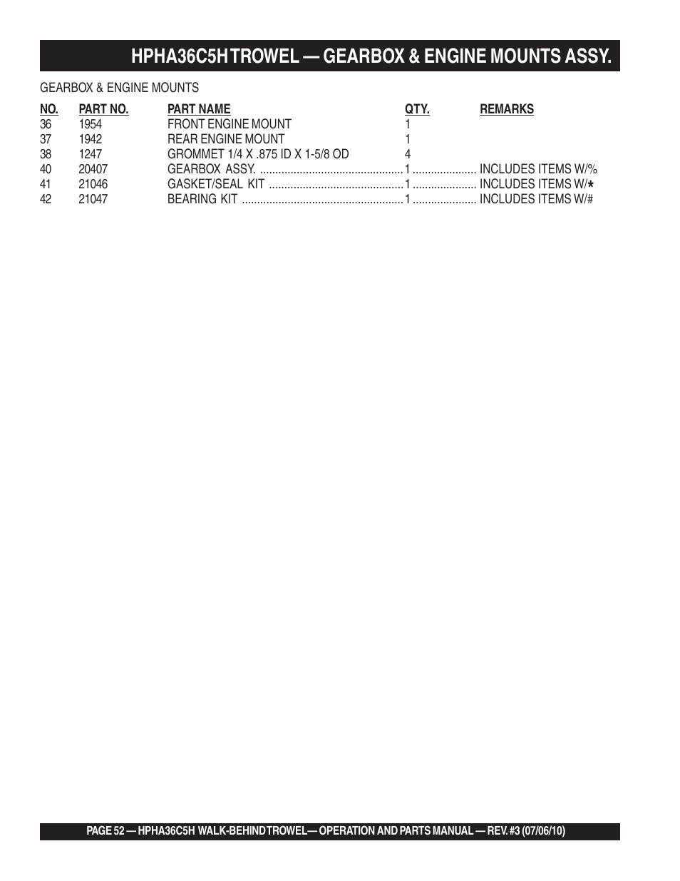 Hpha36c5h trowel — gearbox & engine mounts assy | Multiquip HPHA36C5H User Manual | Page 52 / 94