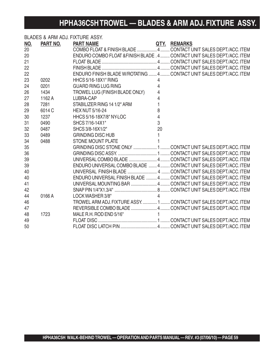 Hpha36c5h trowel — blades & arm adj. fixture, Assy | Multiquip HPHA36C5H User Manual | Page 59 / 94
