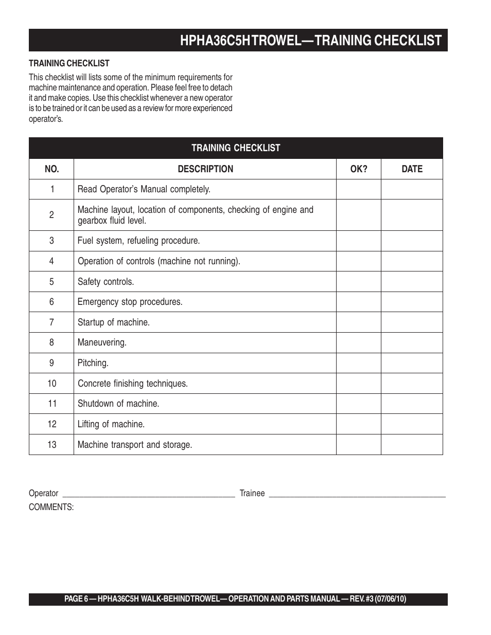 Hpha36c5h trowel— training checklist | Multiquip HPHA36C5H User Manual | Page 6 / 94