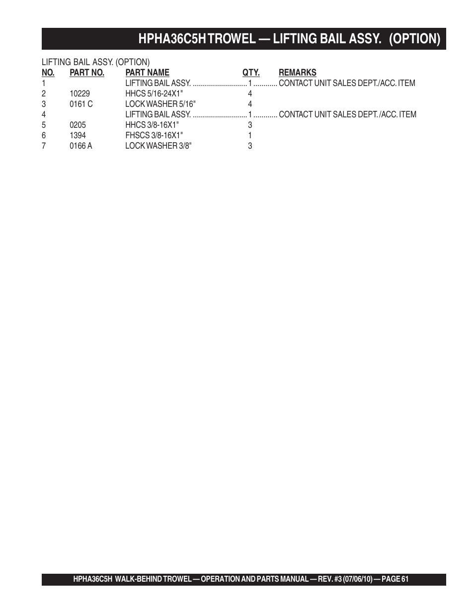 Hpha36c5h trowel — lifting bail assy. (option) | Multiquip HPHA36C5H User Manual | Page 61 / 94