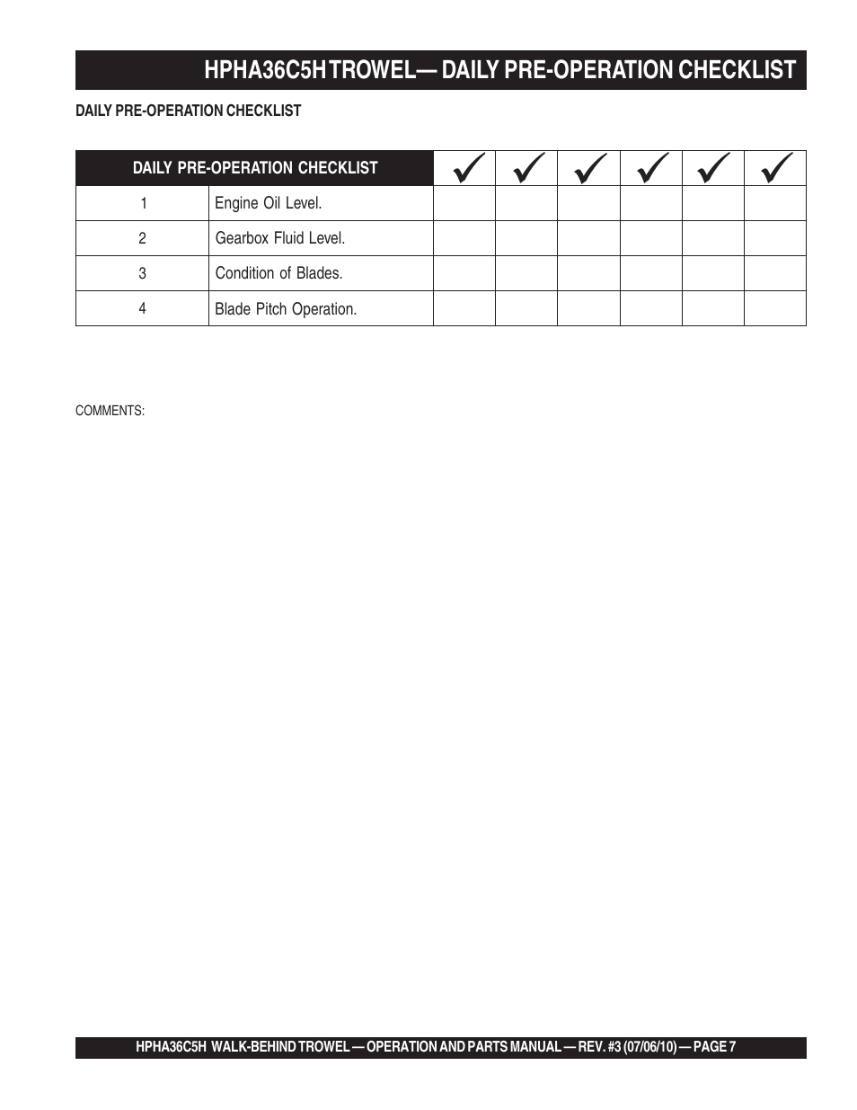 Hpha36c5h trowel— daily pre-operation checklist | Multiquip HPHA36C5H User Manual | Page 7 / 94