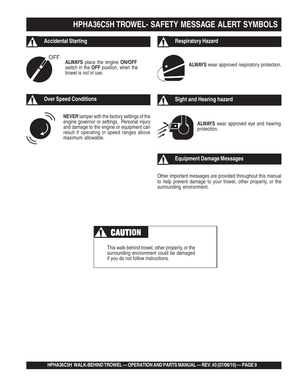 Hpha36c5h trowel- safety message alert symbols, Cauti, Cauti caution | Multiquip HPHA36C5H User Manual | Page 9 / 94