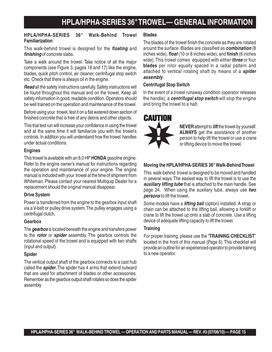 Hpla/hpha-series 36" trowel— general information, Caution | Multiquip HPHA-SERIES User Manual | Page 15 / 98