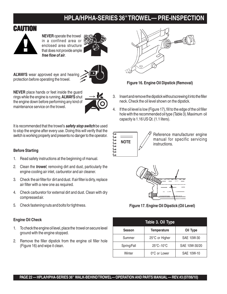 Caution, Hpla/hpha-series 36" trowel— pre-inspection | Multiquip HPHA-SERIES User Manual | Page 22 / 98
