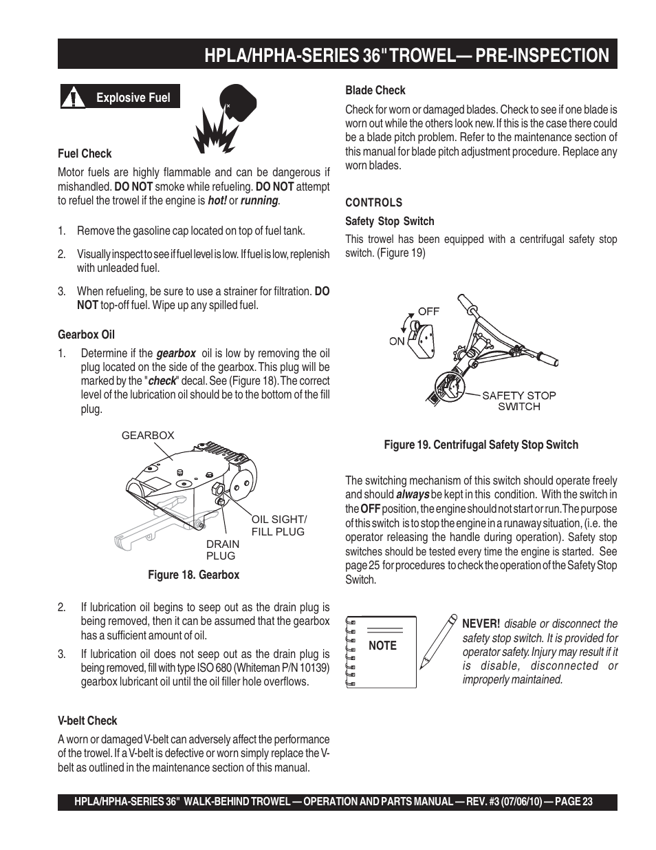 Hpla/hpha-series 36" trowel— pre-inspection | Multiquip HPHA-SERIES User Manual | Page 23 / 98