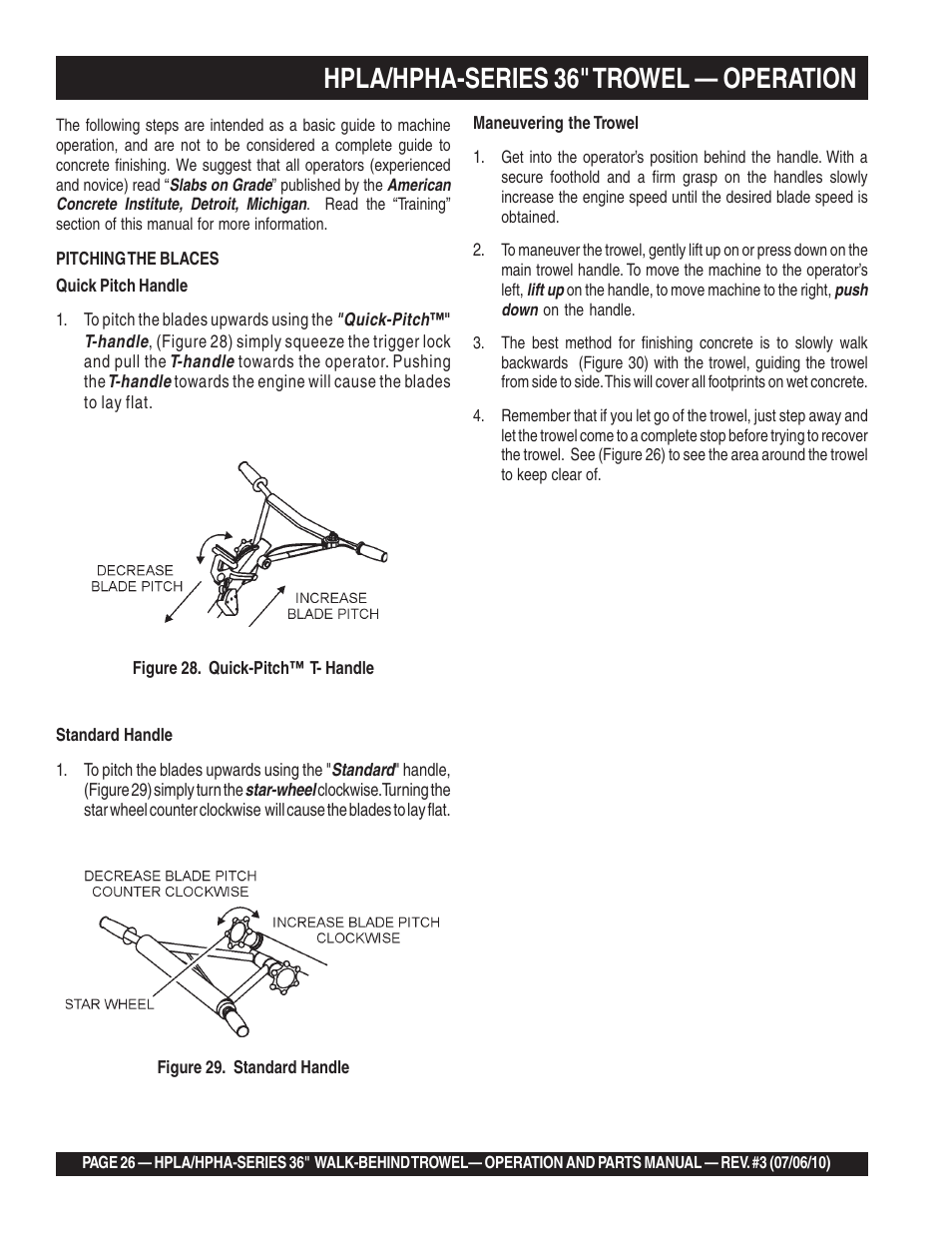 Hpla/hpha-series 36" trowel — operation | Multiquip HPHA-SERIES User Manual | Page 26 / 98