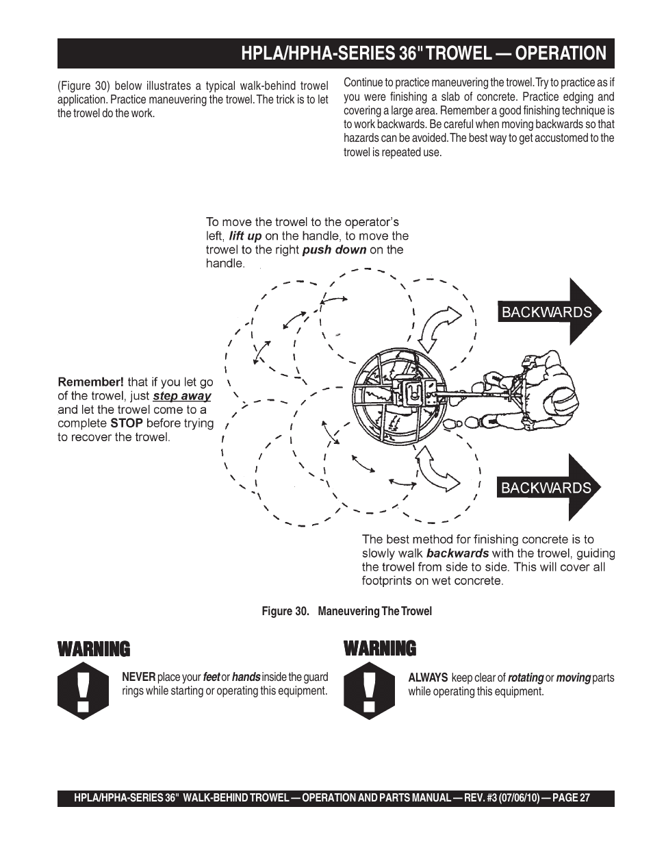 Hpla/hpha-series 36" trowel — operation, Warning | Multiquip HPHA-SERIES User Manual | Page 27 / 98