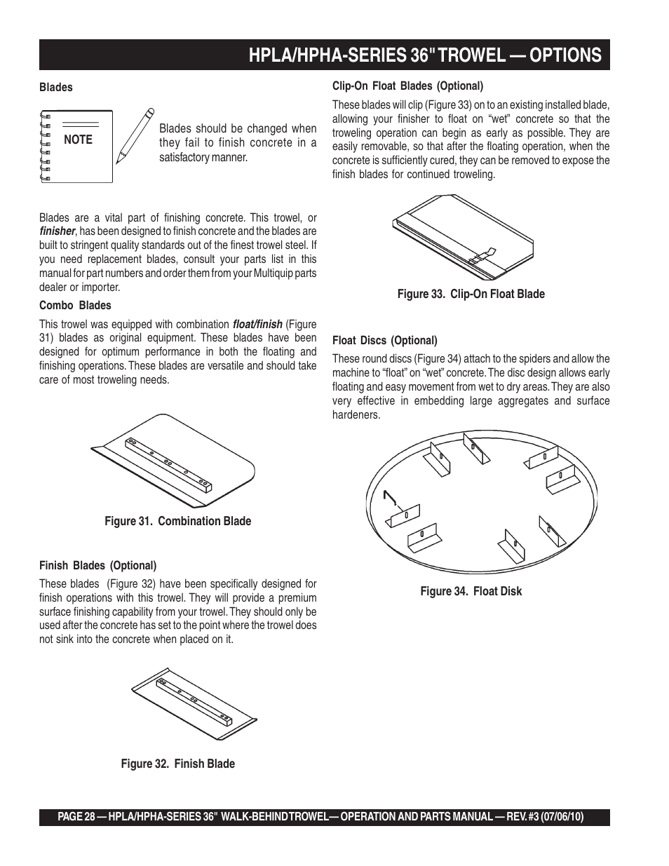 Hpla/hpha-series 36" trowel — options | Multiquip HPHA-SERIES User Manual | Page 28 / 98