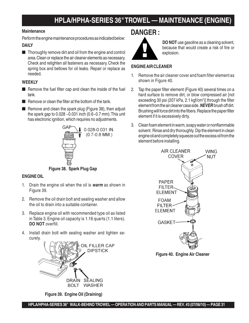 Hpla/hpha-series 36" trowel — maintenance (engine), Danger | Multiquip HPHA-SERIES User Manual | Page 31 / 98