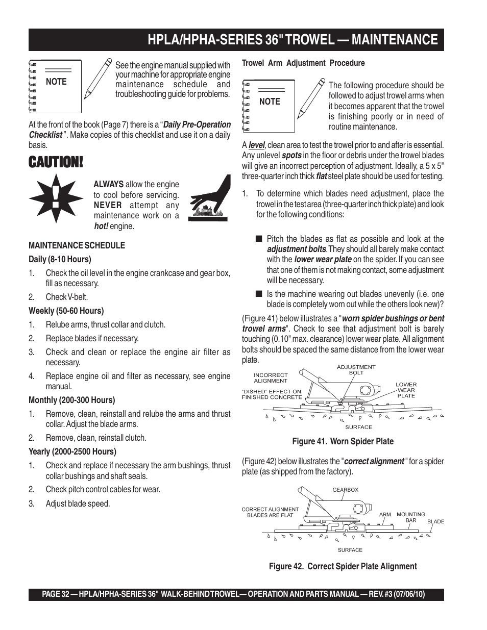 Caution, Hpla/hpha-series 36" trowel — maintenance | Multiquip HPHA-SERIES User Manual | Page 32 / 98