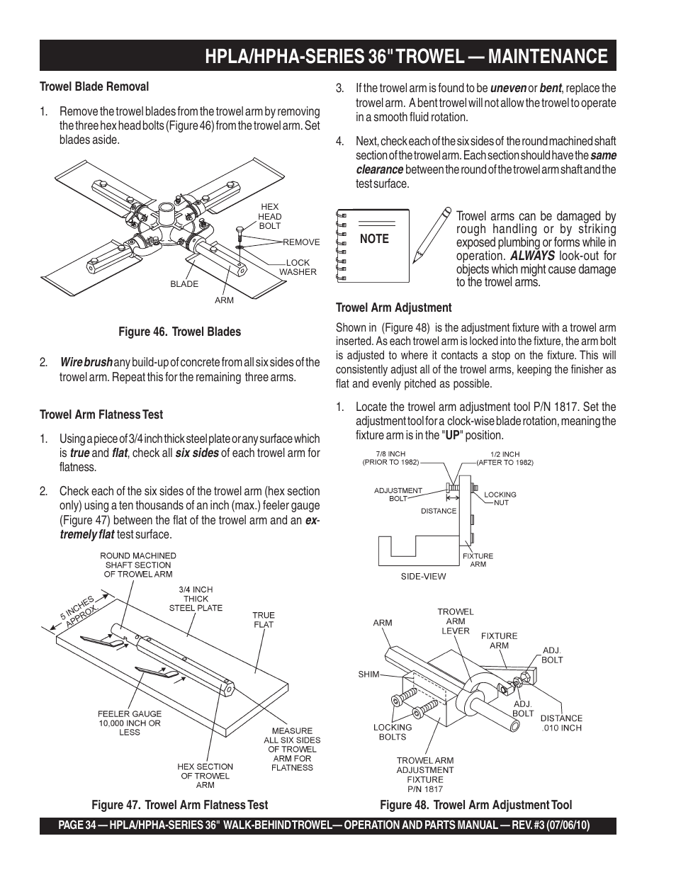 Hpla/hpha-series 36" trowel — maintenance | Multiquip HPHA-SERIES User Manual | Page 34 / 98