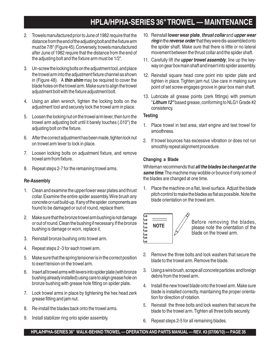 Hpla/hpha-series 36" trowel — maintenance | Multiquip HPHA-SERIES User Manual | Page 35 / 98