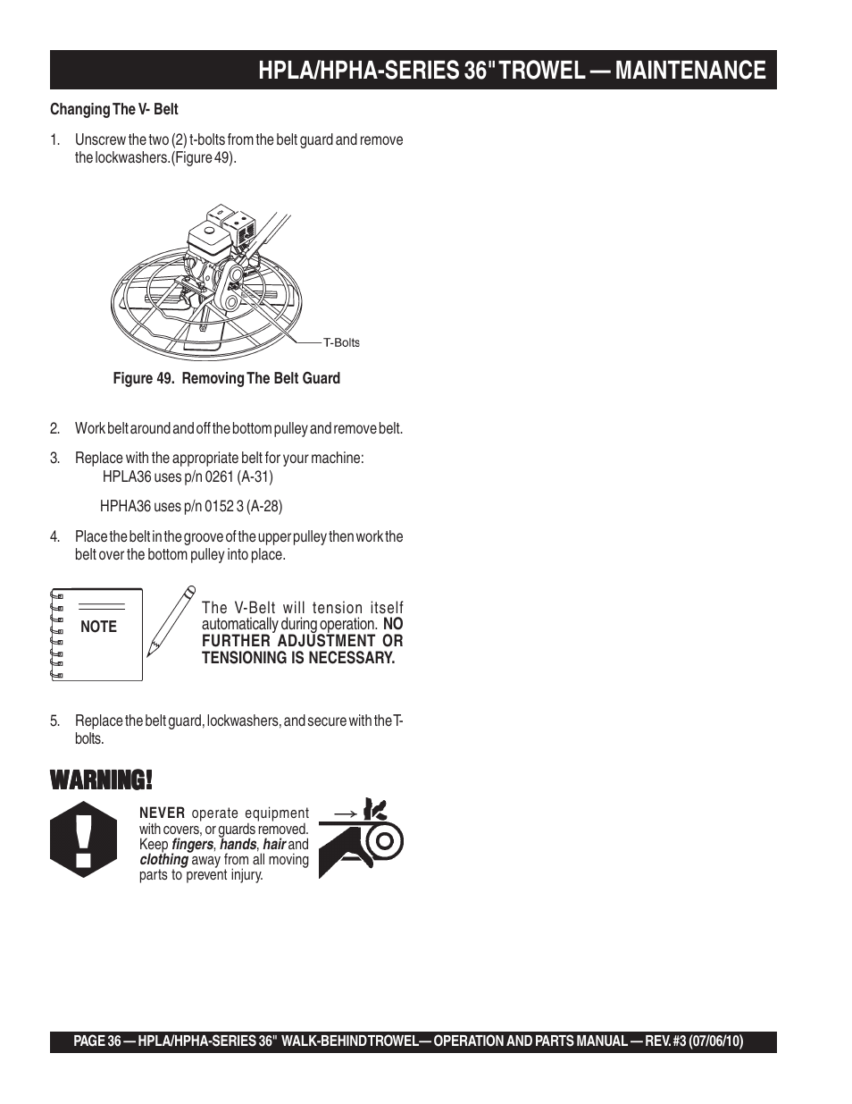 Hpla/hpha-series 36" trowel — maintenance, Warning | Multiquip HPHA-SERIES User Manual | Page 36 / 98