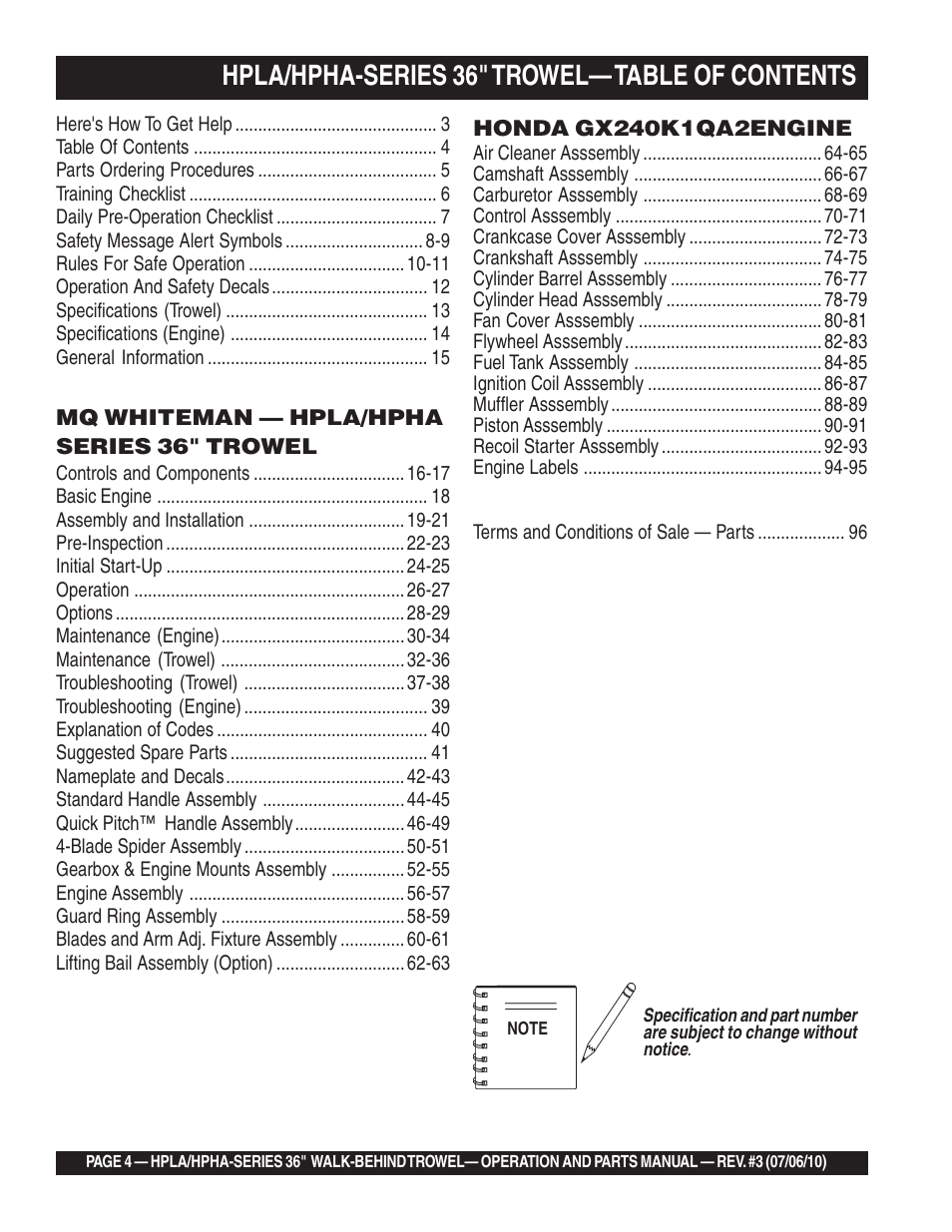 Hpla/hpha-series 36" trowel— table of contents | Multiquip HPHA-SERIES User Manual | Page 4 / 98