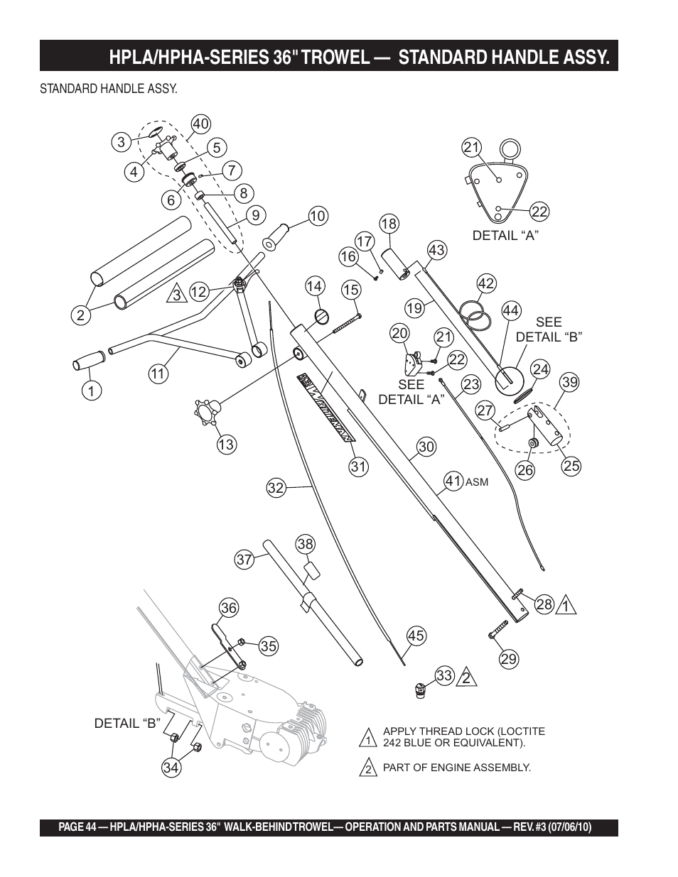 Hpla/hpha-series 36" trowel, Standard handle assy | Multiquip HPHA-SERIES User Manual | Page 44 / 98