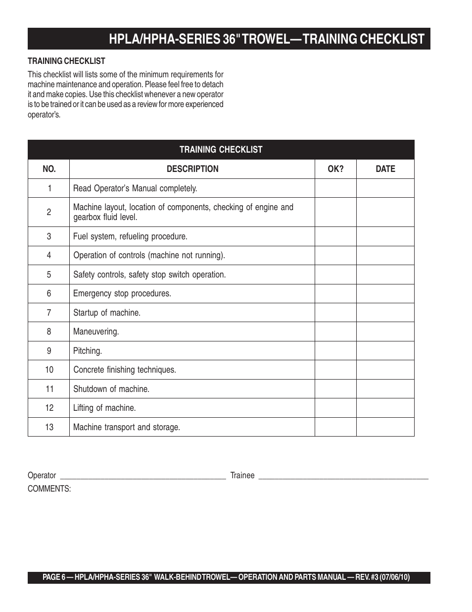 Hpla/hpha-series 36" trowel— training checklist | Multiquip HPHA-SERIES User Manual | Page 6 / 98