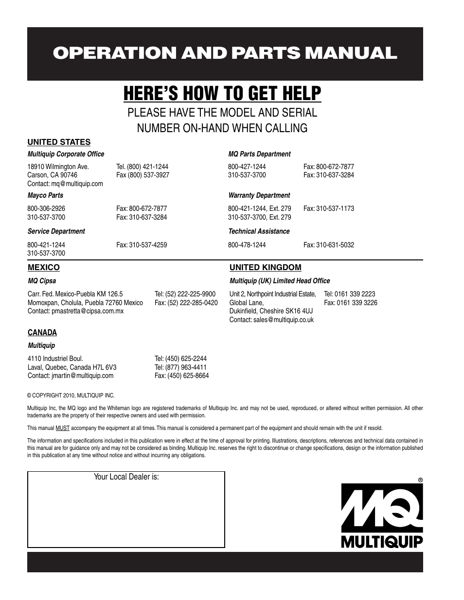 Here’s how to get help, Operation and parts manual | Multiquip HPHA-SERIES User Manual | Page 98 / 98