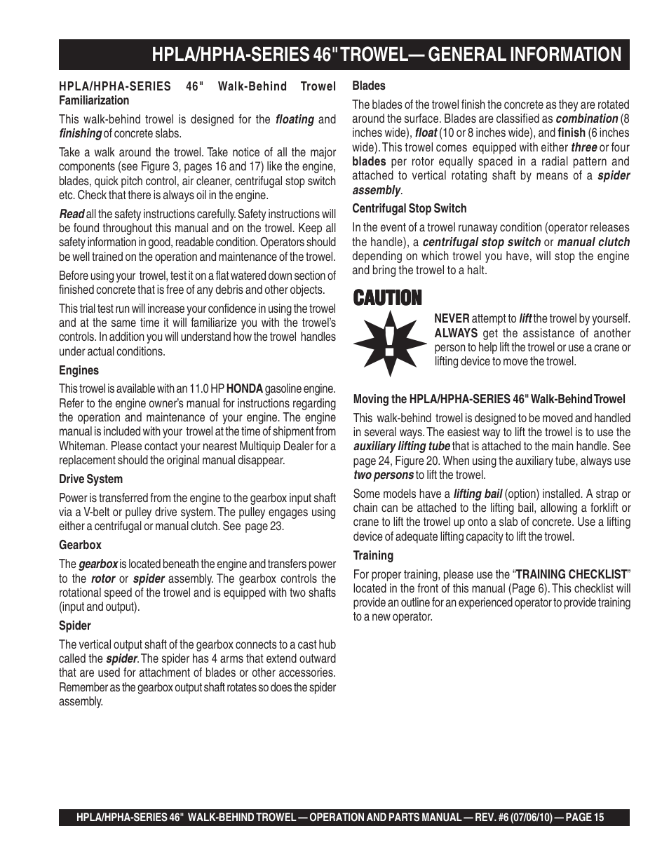 Hpla/hpha-series 46" trowel— general information, Caution | Multiquip HPHA46411H User Manual | Page 15 / 100