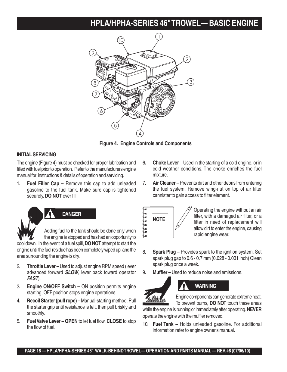 Hpla/hpha-series 46" trowel— basic engine | Multiquip HPHA46411H User Manual | Page 18 / 100
