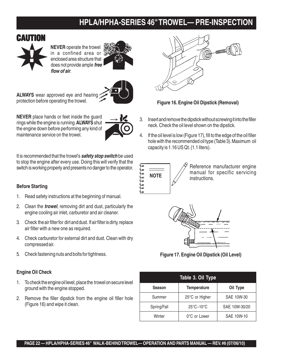 Caution, Hpla/hpha-series 46" trowel— pre-inspection | Multiquip HPHA46411H User Manual | Page 22 / 100