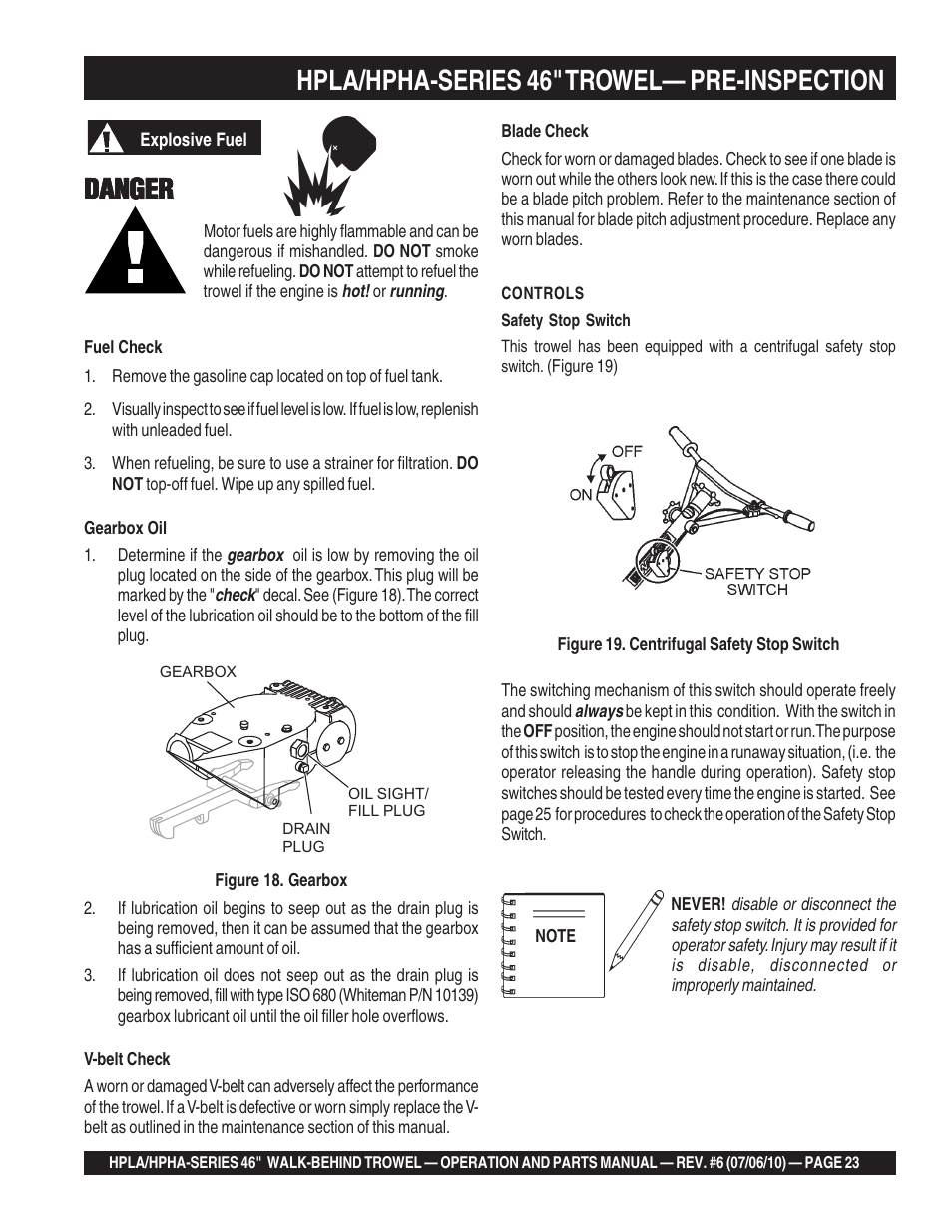 Hpla/hpha-series 46" trowel— pre-inspection, Danger | Multiquip HPHA46411H User Manual | Page 23 / 100