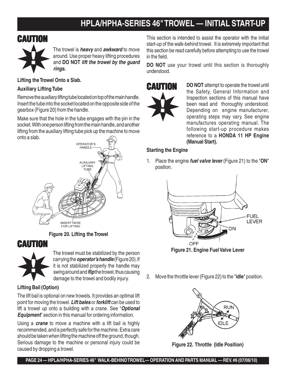 Hpla/hpha-series 46" trowel — initial start-up, Caution | Multiquip HPHA46411H User Manual | Page 24 / 100