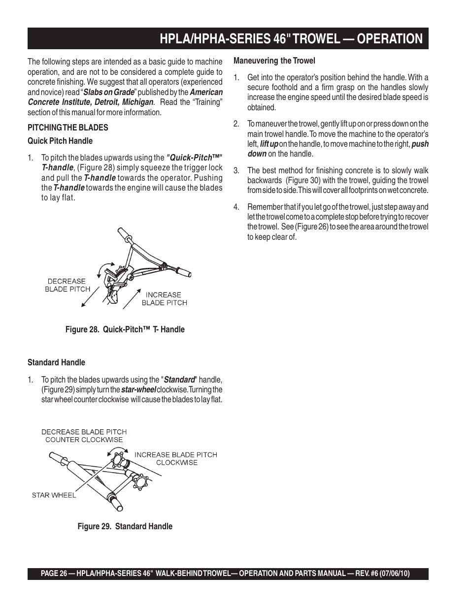 Hpla/hpha-series 46" trowel — operation | Multiquip HPHA46411H User Manual | Page 26 / 100
