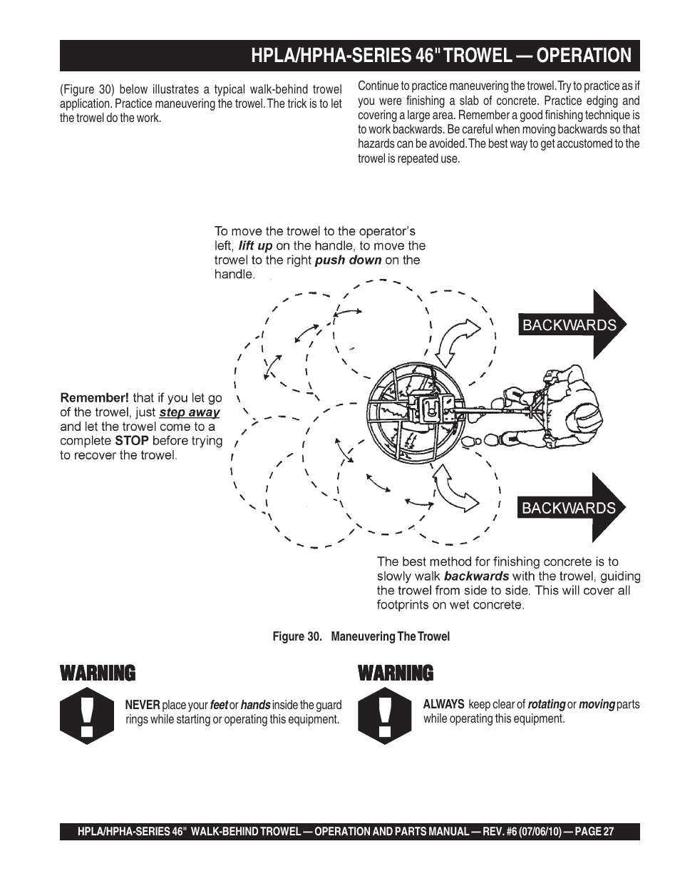 Hpla/hpha-series 46" trowel — operation, Warning | Multiquip HPHA46411H User Manual | Page 27 / 100