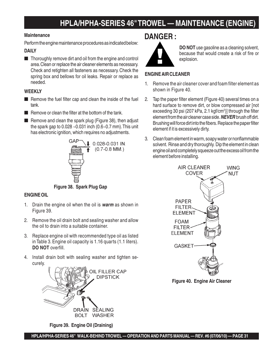 Hpla/hpha-series 46" trowel — maintenance (engine), Danger | Multiquip HPHA46411H User Manual | Page 31 / 100