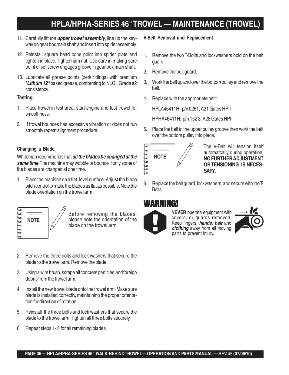 Hpla/hpha-series 46" trowel — maintenance (trowel), Warning | Multiquip HPHA46411H User Manual | Page 36 / 100