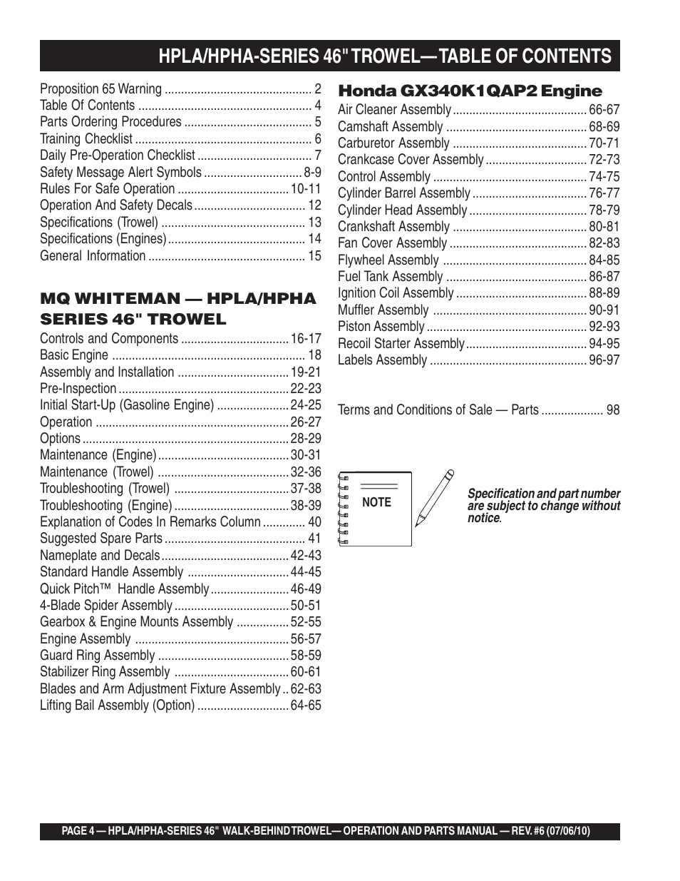 Hpla/hpha-series 46" trowel— table of contents | Multiquip HPHA46411H User Manual | Page 4 / 100
