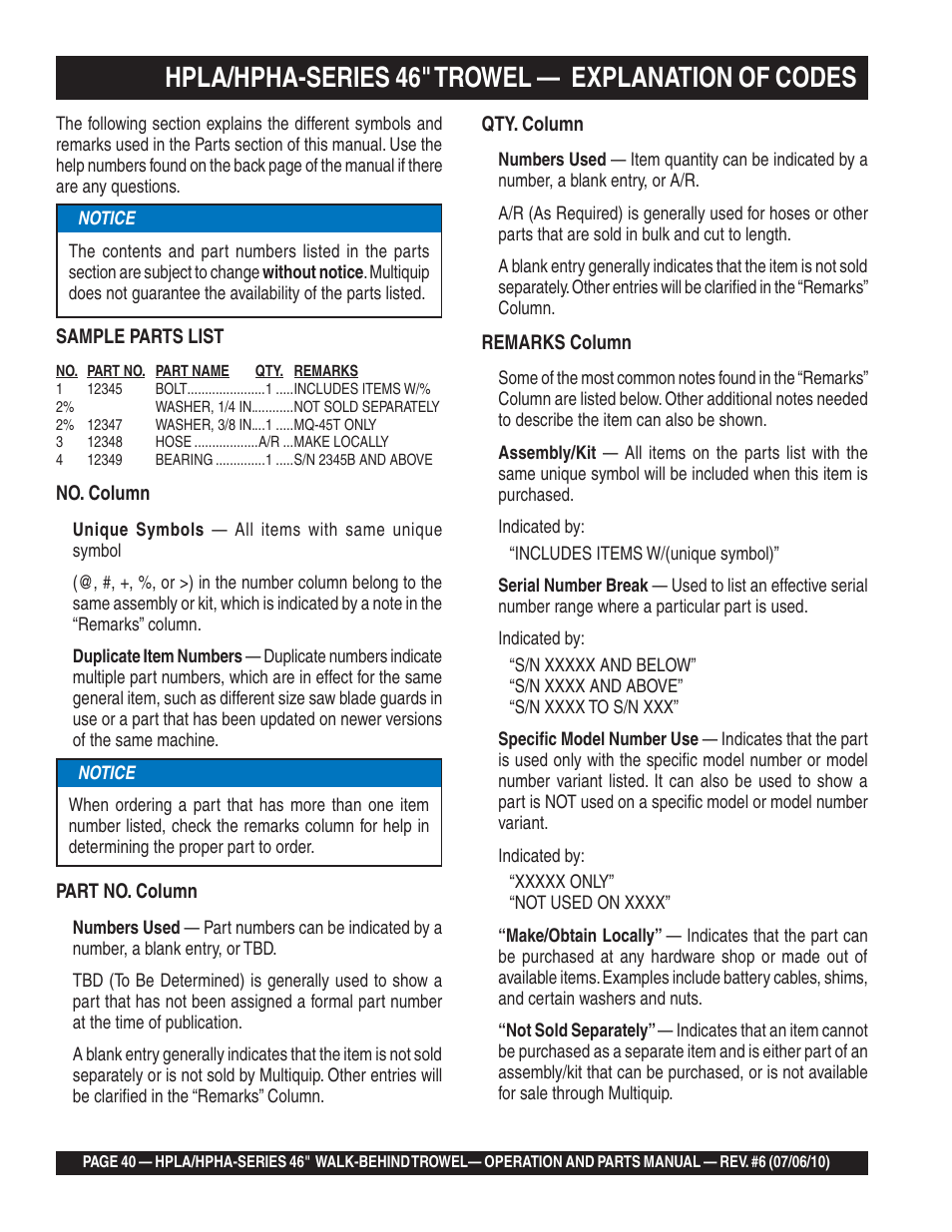 Hpla/hpha-series 46" trowel, Explanation of codes | Multiquip HPHA46411H User Manual | Page 40 / 100