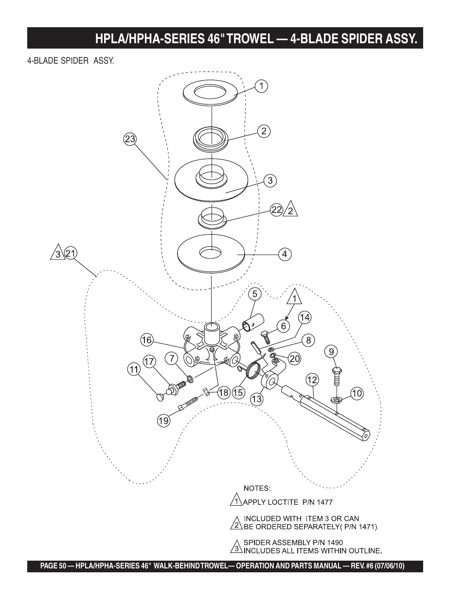Hpla/hpha-series 46" trowel — 4-blade spider assy | Multiquip HPHA46411H User Manual | Page 50 / 100