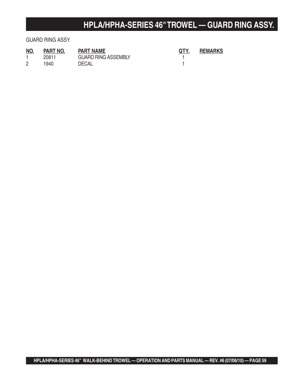 Hpla/hpha-series 46" trowel — guard ring assy | Multiquip HPHA46411H User Manual | Page 59 / 100