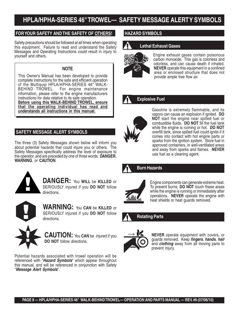 Danger, Warning, Caution | Multiquip HPHA46411H User Manual | Page 8 / 100