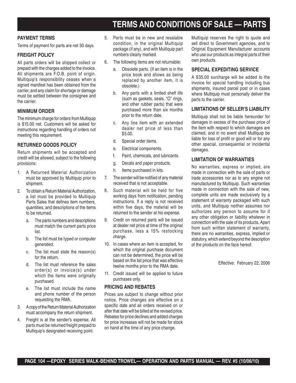 Terms and conditions of sale — parts | Multiquip EPOXY/M SERIES User Manual | Page 104 / 106