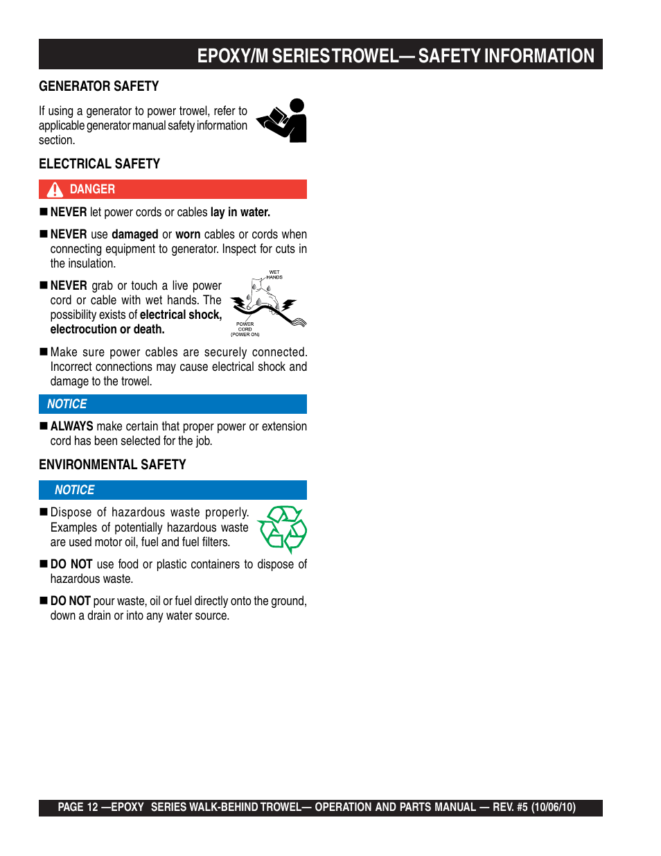 Epoxy/m series trowel— safety information | Multiquip EPOXY/M SERIES User Manual | Page 12 / 106