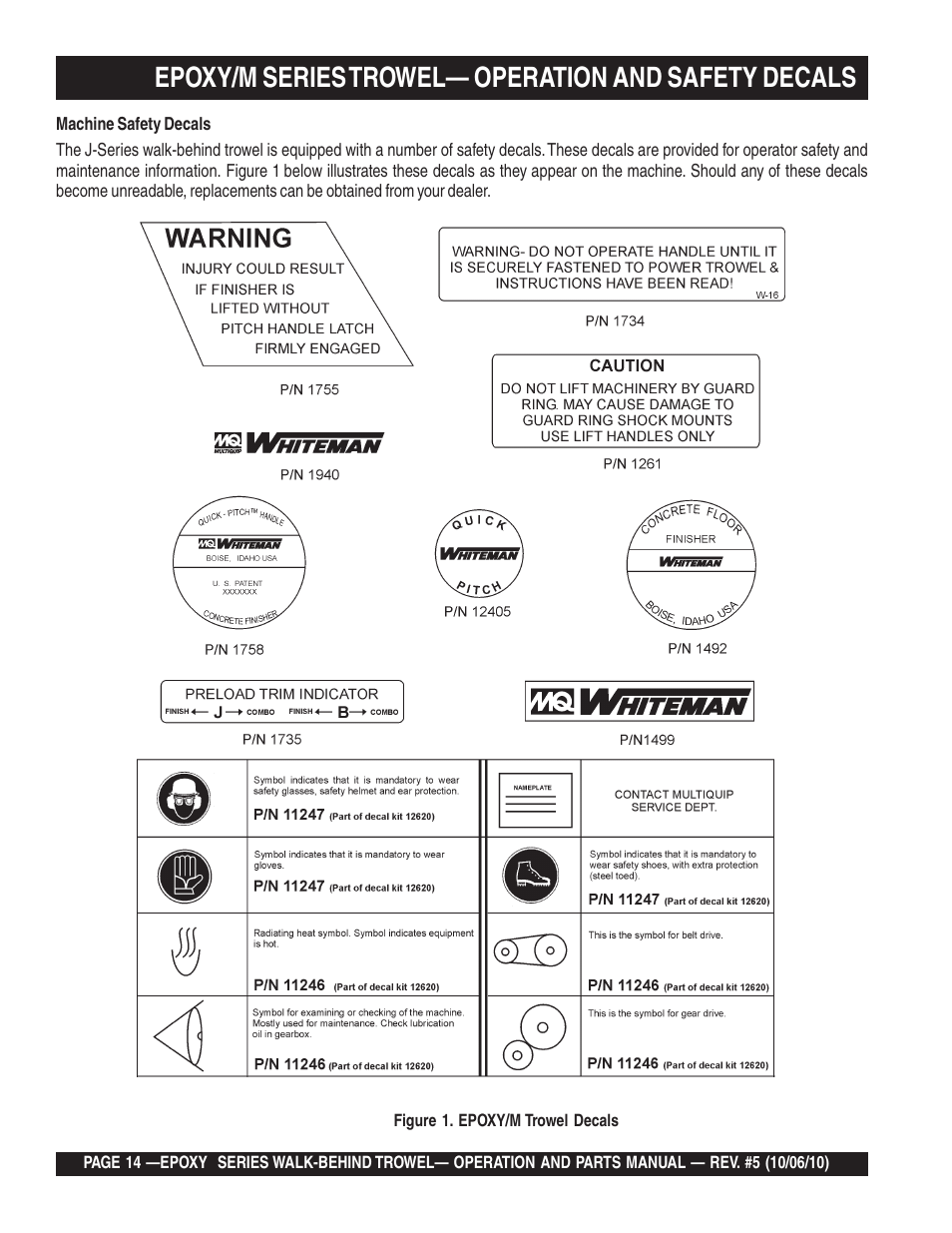 Epoxy/m series trowel— operation and safety decals | Multiquip EPOXY/M SERIES User Manual | Page 14 / 106