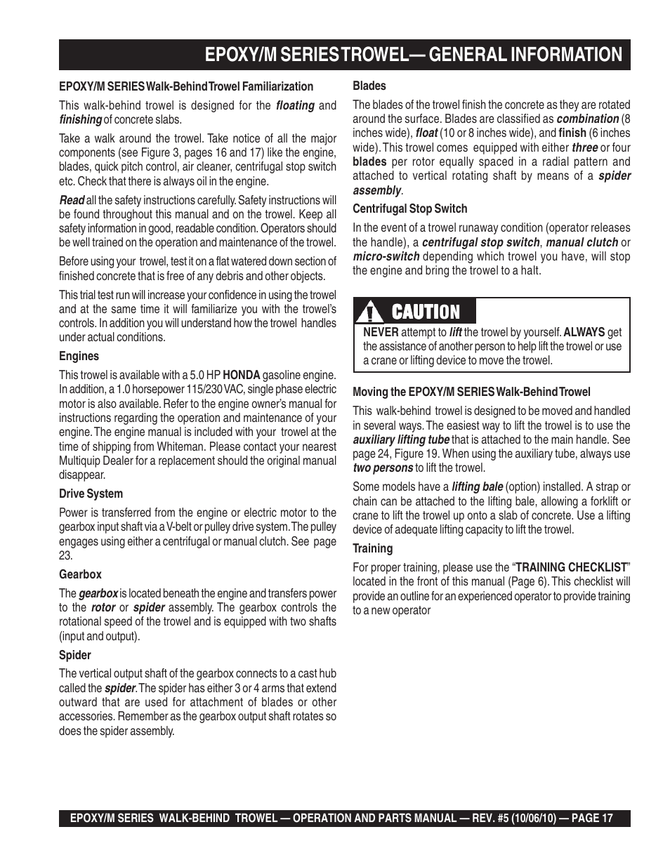 Epoxy/m series trowel— general information, Cauti, Cauti caution | Multiquip EPOXY/M SERIES User Manual | Page 17 / 106
