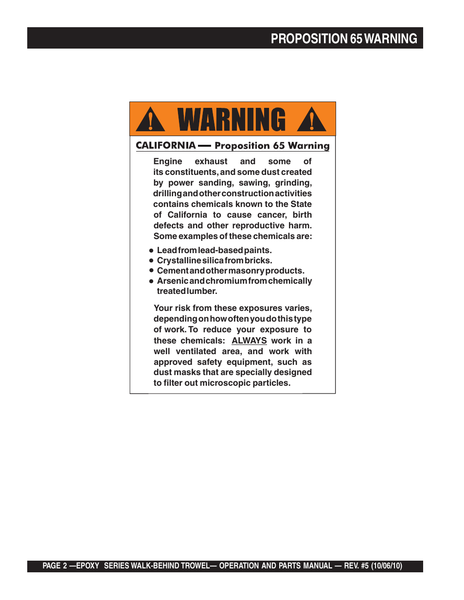 Proposition 65 warning | Multiquip EPOXY/M SERIES User Manual | Page 2 / 106