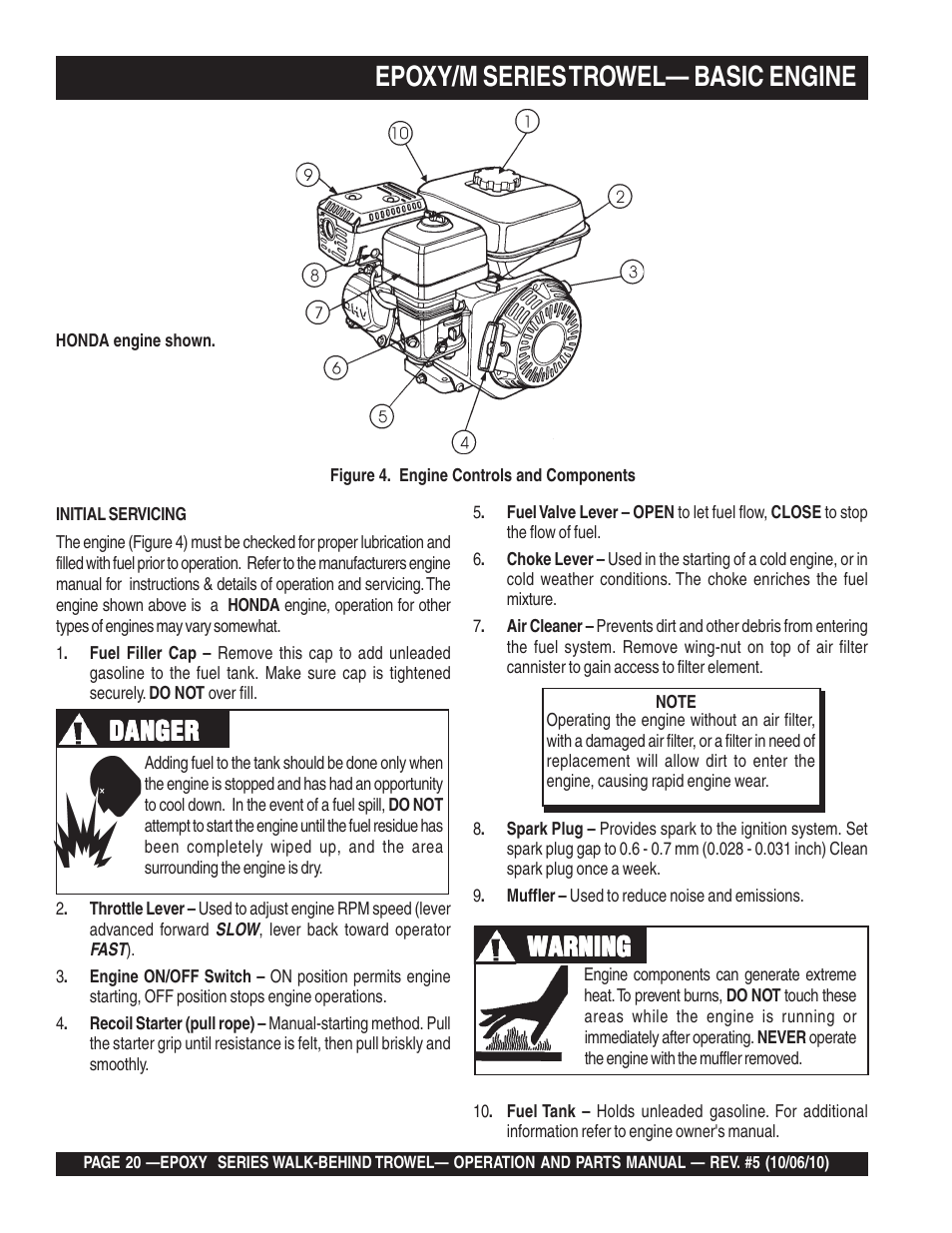 Epoxy/m series trowel— basic engine, Danger, Danger warning warning warning warning warning | Multiquip EPOXY/M SERIES User Manual | Page 20 / 106