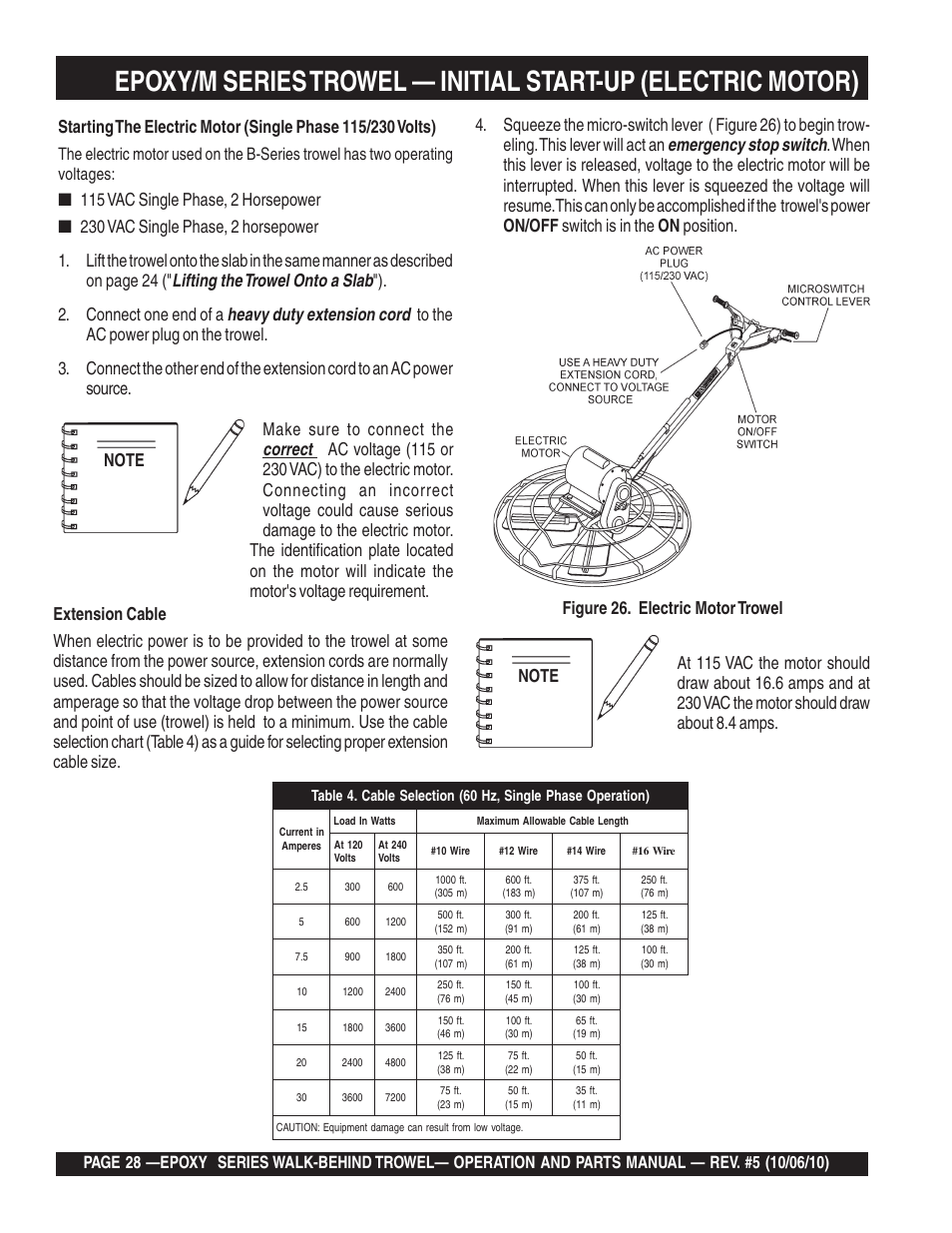 Lifting the trowel onto a slab, Heavy duty extension cord, Emergency stop switch | Correct, Connect one end of a, Make sure to connect the | Multiquip EPOXY/M SERIES User Manual | Page 28 / 106